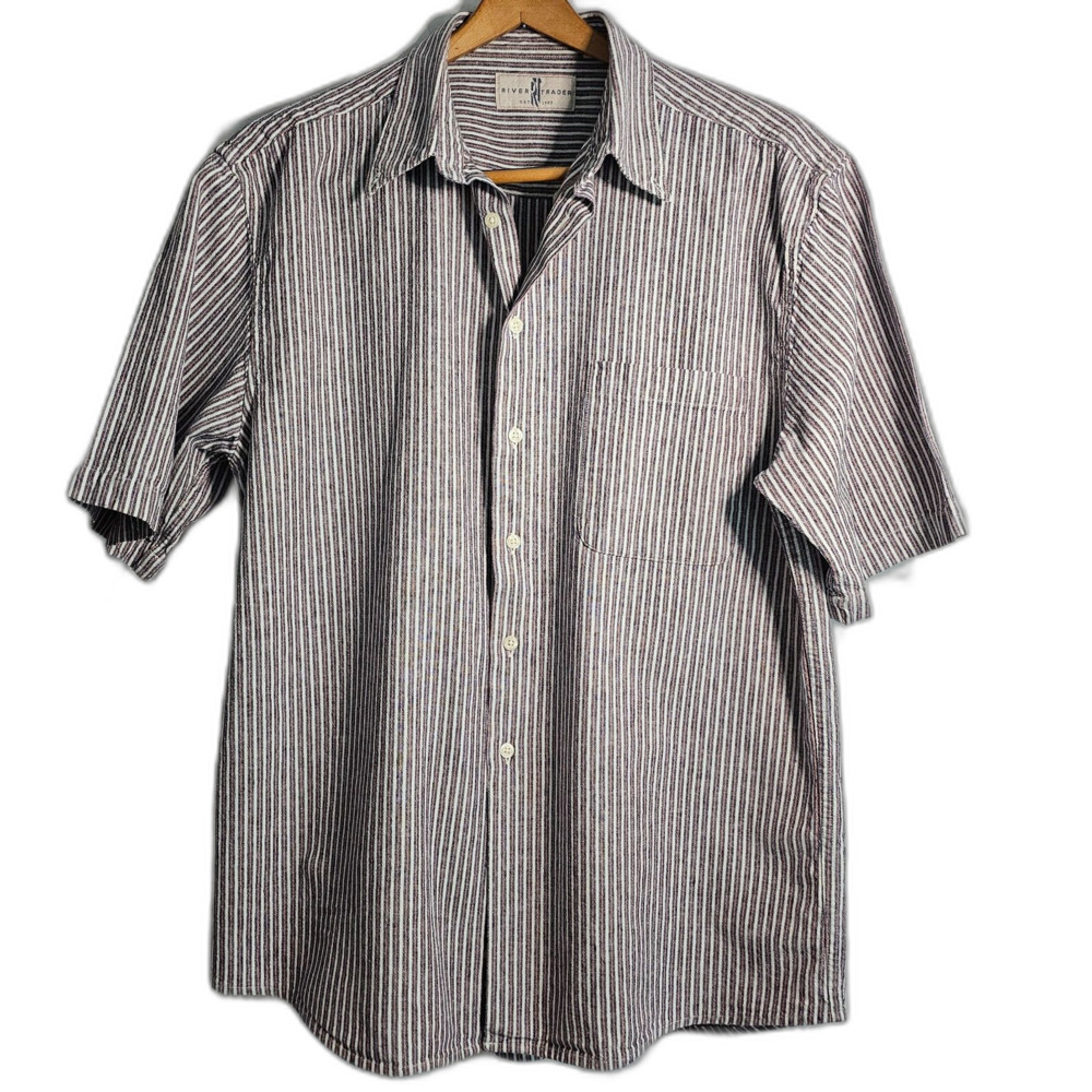 River Trader Linen Blend Mens Casual Striped Button Up Shirt sz L